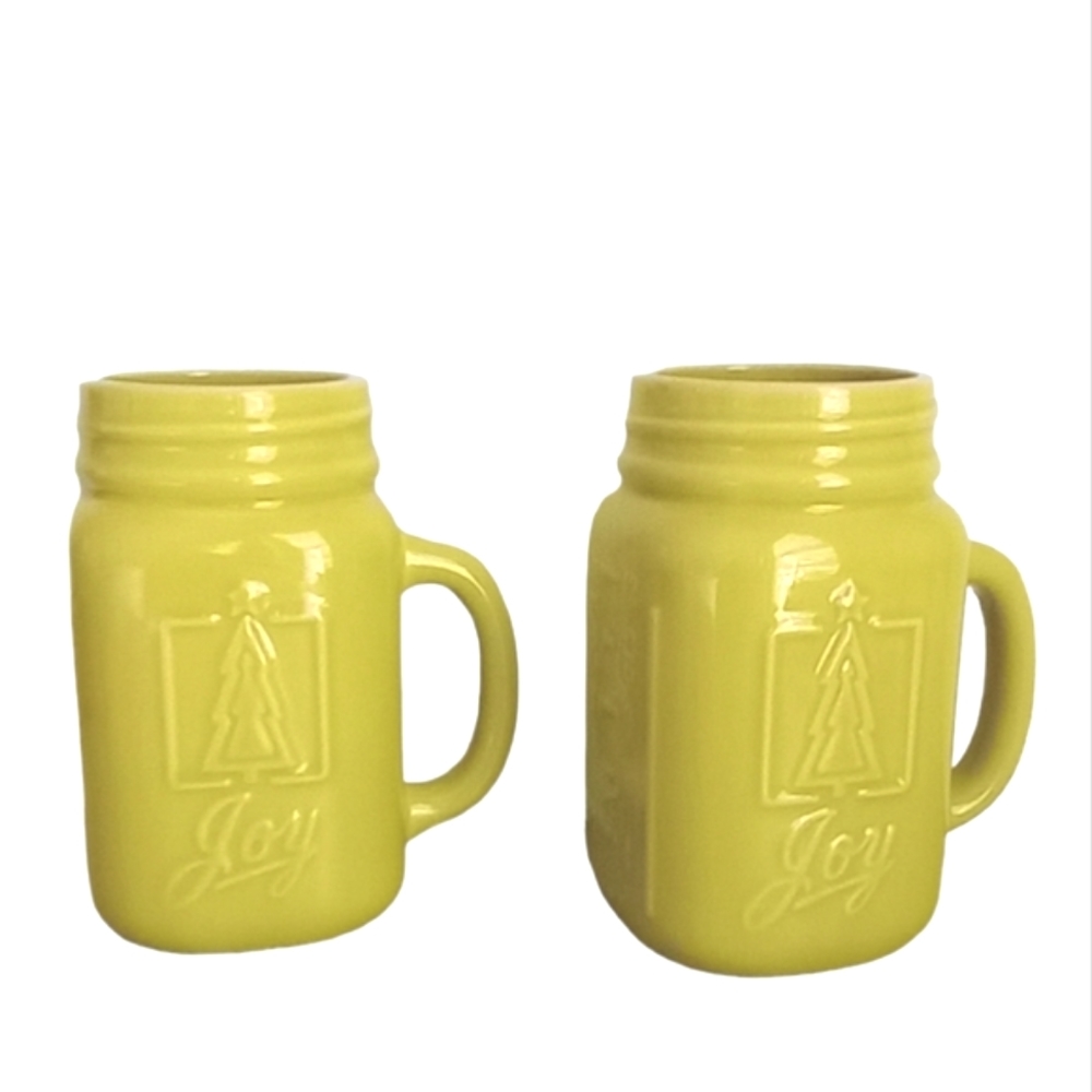 Christmas Set Of 2 Fusion Gourmet JOY Mason Jar Mug Embossed Tree & Joy 5" High